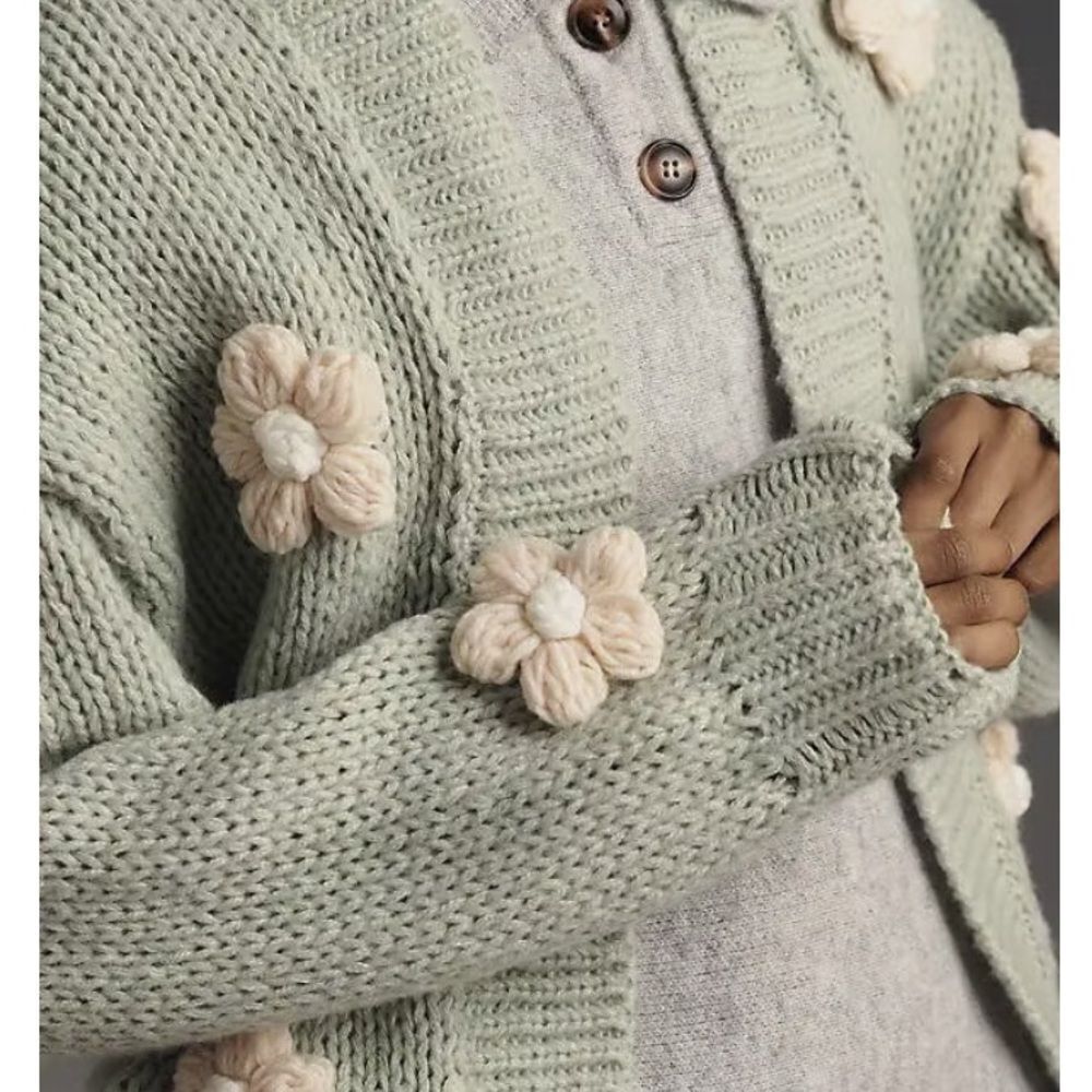 Anthropologie Susannah 3-D Flower Cardigan in Green NWOT - Picture 2 of 6